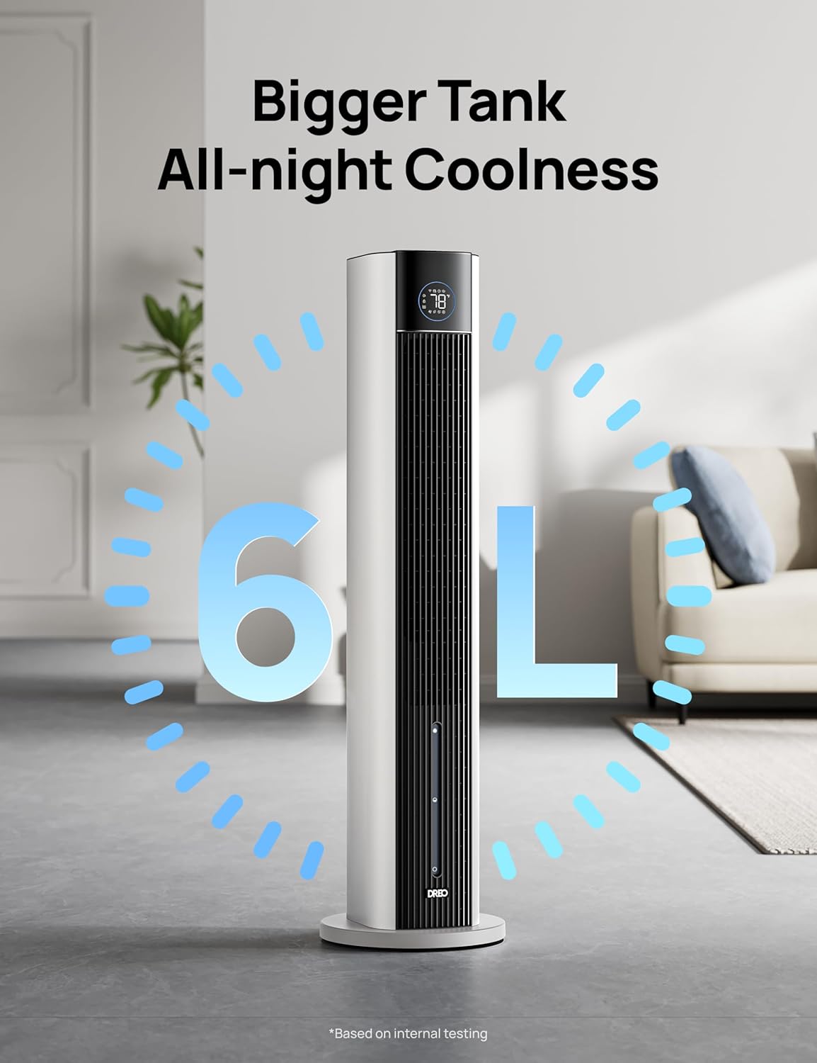 DREO Ventilatore a torre con raffreddamento ad acqua, raffrescatore da 110 cm, silenzioso, 4 velocità, 4 modalità, evaporativo, controllo tramite app, ghiaccio incluso, oscillazione a 80°, timer 12H, bianco