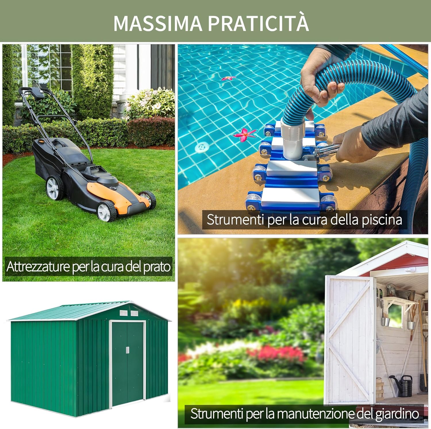 Outsunny 4.9 m² Garden Shed with Foundation, 4 Air Vents and 2 Sliding Doors, Tool Shed in Sheet Steel, 277 x 195 x 192 cm, Dark Green