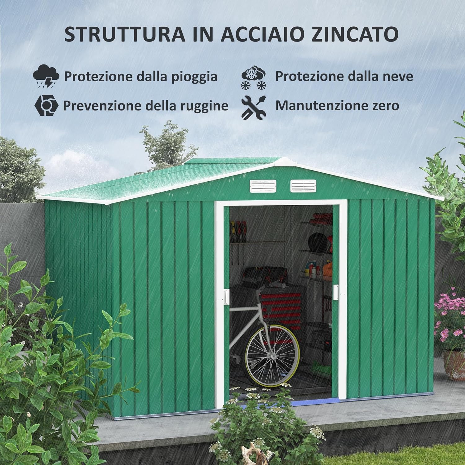 Outsunny 4.9 m² Garden Shed with Foundation, 4 Air Vents and 2 Sliding Doors, Tool Shed in Sheet Steel, 277 x 195 x 192 cm, Dark Green