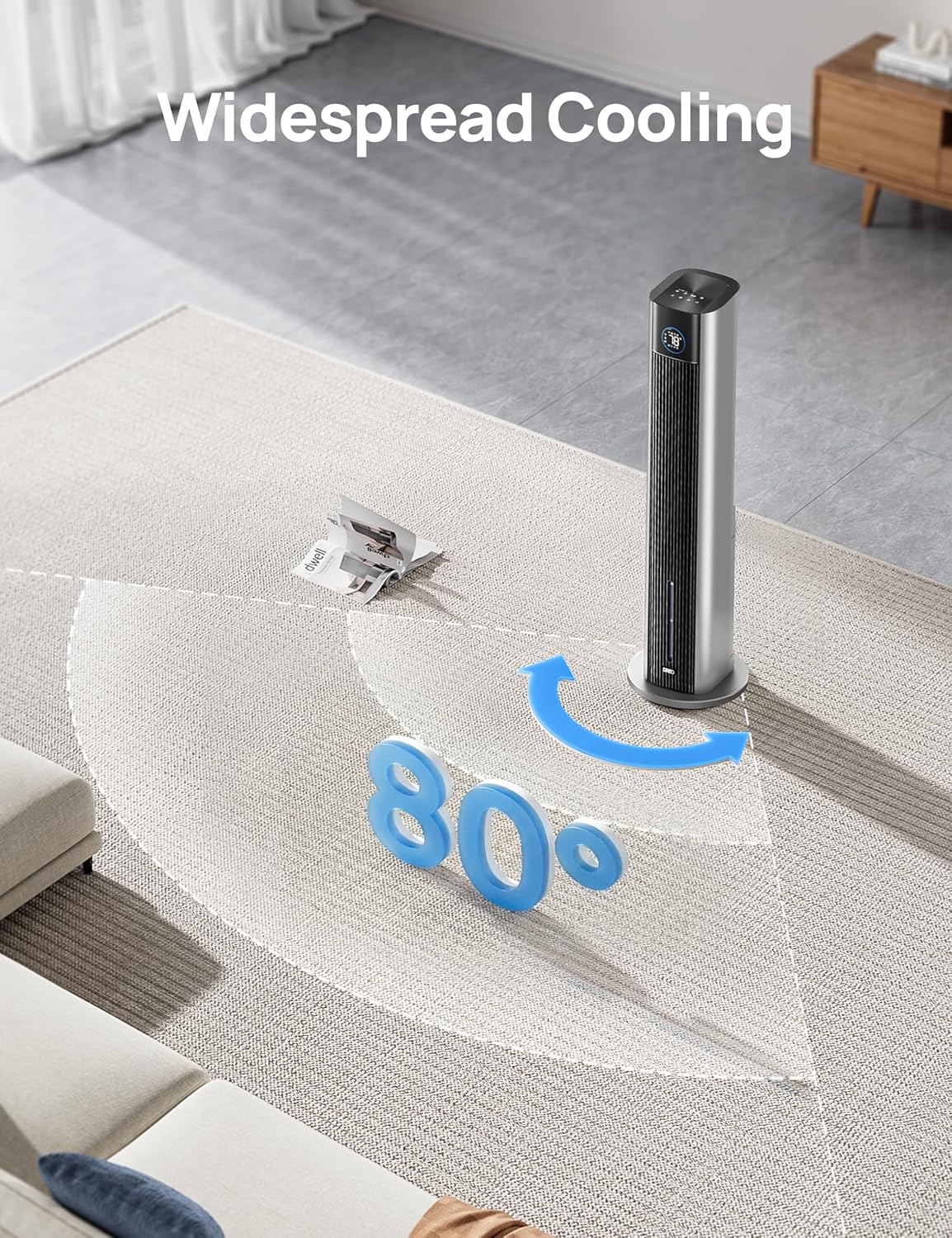 DREO Ventilatore a torre con raffreddamento ad acqua, raffrescatore da 110 cm, silenzioso, 4 velocità, 4 modalità, evaporativo, controllo tramite app, ghiaccio incluso, oscillazione a 80°, timer 12H, bianco
