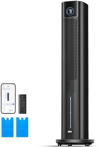 DREO Ventilatore a torre con raffreddamento ad acqua, raffrescatore da 110 cm, silenzioso, 4 velocità, 4 modalità, evaporativo, controllo tramite app, ghiaccio incluso, oscillazione a 80°, timer 12H, bianco