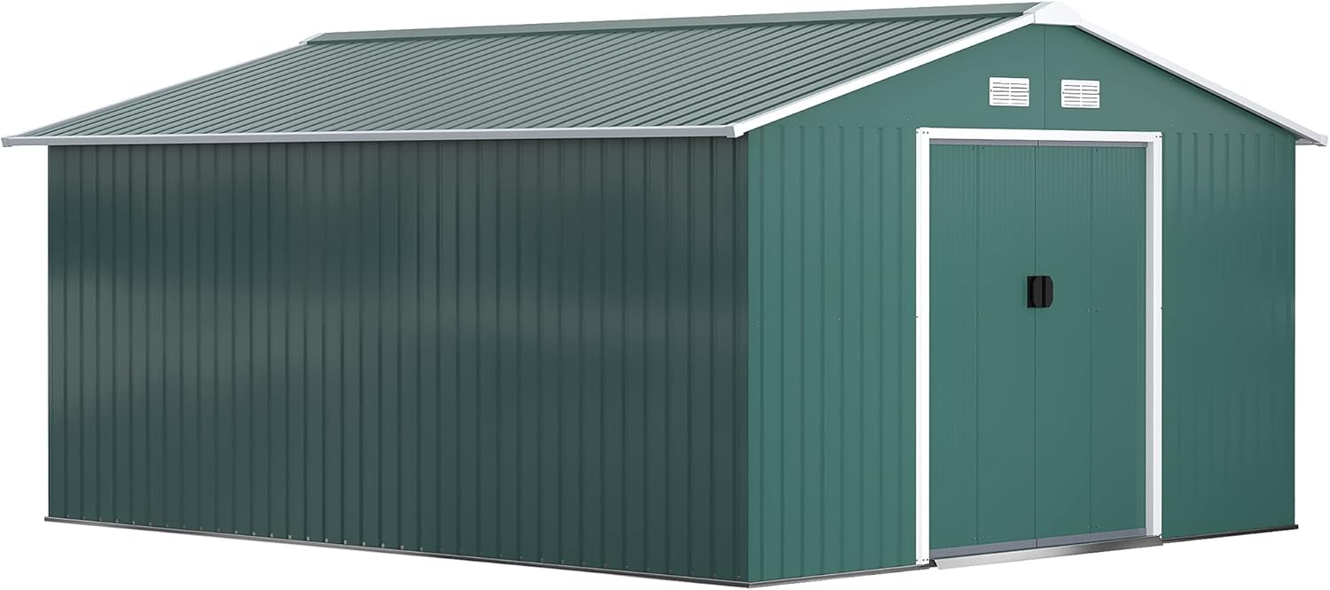 Outsunny 4.9 m² Garden Shed with Foundation, 4 Air Vents and 2 Sliding Doors, Tool Shed in Sheet Steel, 277 x 195 x 192 cm, Dark Green