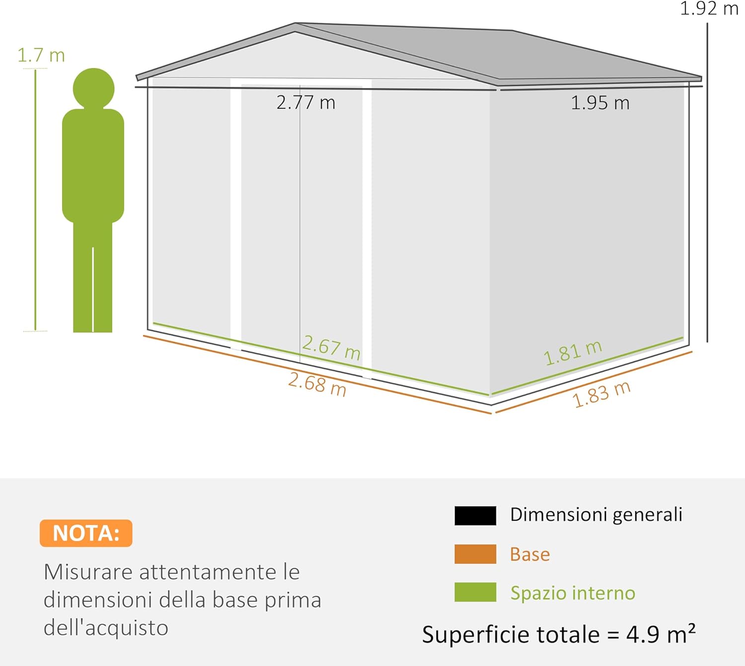 Outsunny 4.9 m² Garden Shed with Foundation, 4 Air Vents and 2 Sliding Doors, Tool Shed in Sheet Steel, 277 x 195 x 192 cm, Dark Green