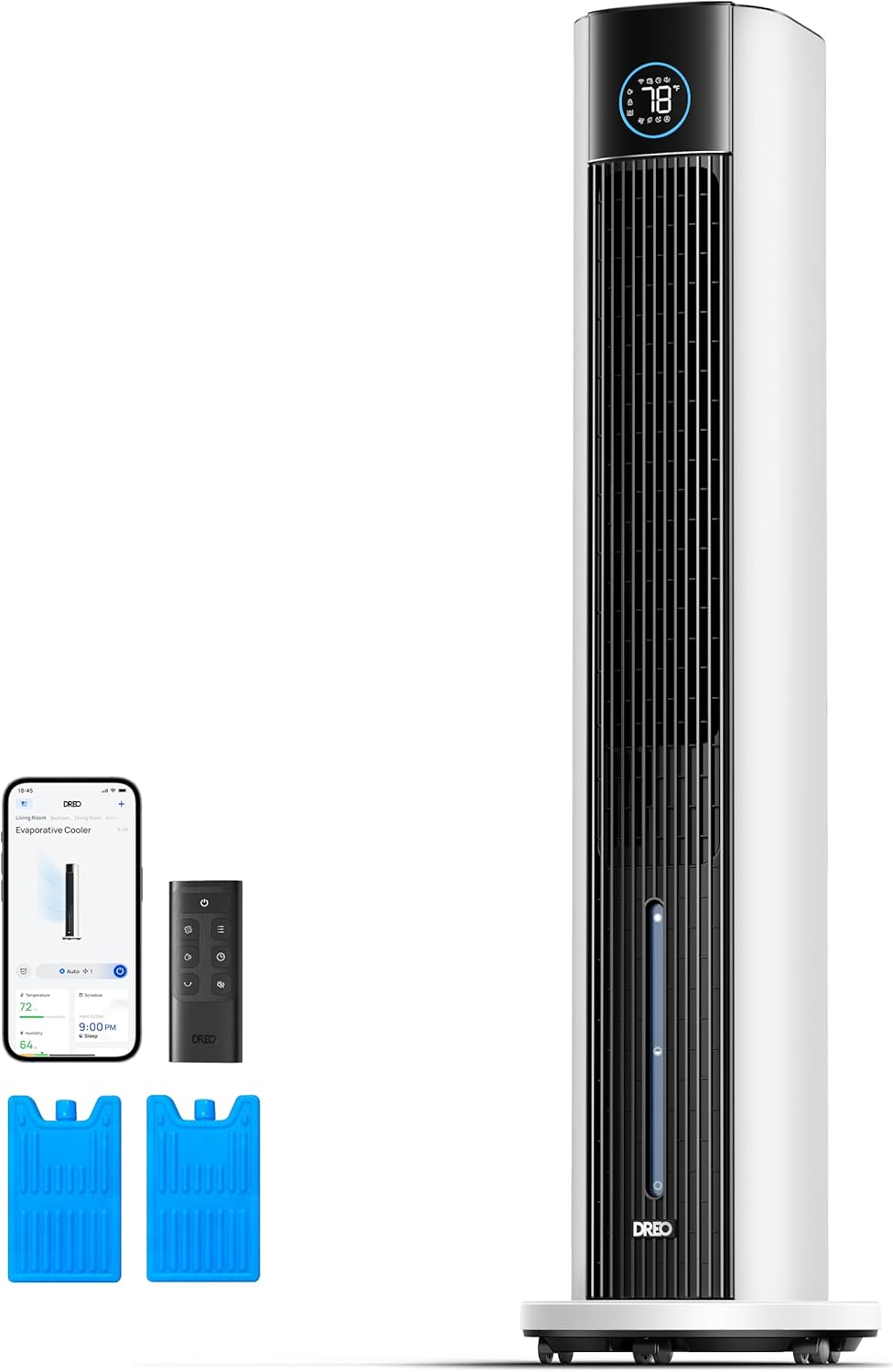 DREO Ventilatore a torre con raffreddamento ad acqua, raffrescatore da 110 cm, silenzioso, 4 velocità, 4 modalità, evaporativo, controllo tramite app, ghiaccio incluso, oscillazione a 80°, timer 12H, bianco