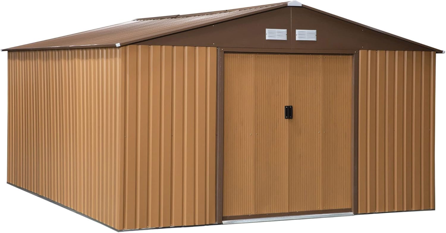 Outsunny 4.9 m² Garden Shed with Foundation, 4 Air Vents and 2 Sliding Doors, Tool Shed in Sheet Steel, 277 x 195 x 192 cm, Dark Green