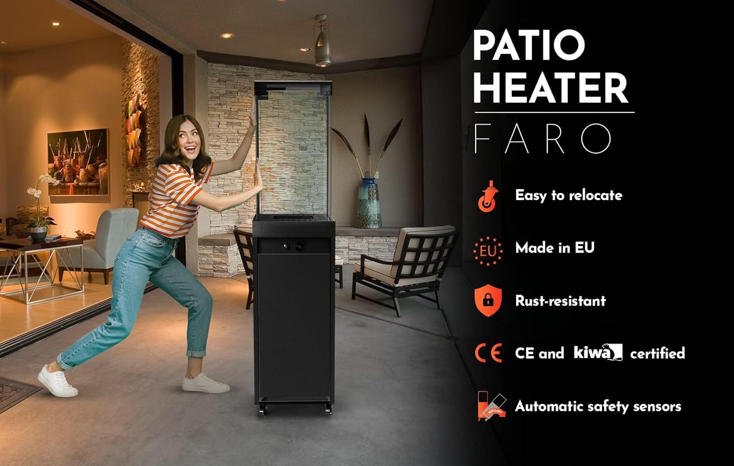 Planika Faro Patio Gas Heater Black Portable Standalone Decorative Propane Heater for Your Garden and Patio