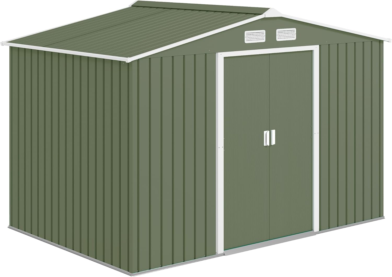 Outsunny 4.9 m² Garden Shed with Foundation, 4 Air Vents and 2 Sliding Doors, Tool Shed in Sheet Steel, 277 x 195 x 192 cm, Dark Green