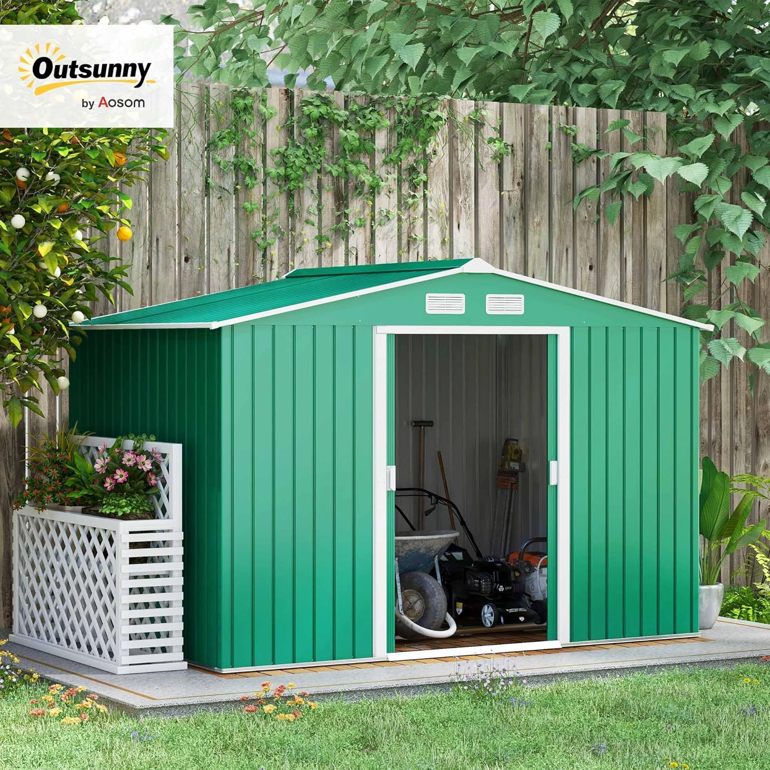 Outsunny 4.9 m² Garden Shed with Foundation, 4 Air Vents and 2 Sliding Doors, Tool Shed in Sheet Steel, 277 x 195 x 192 cm, Dark Green