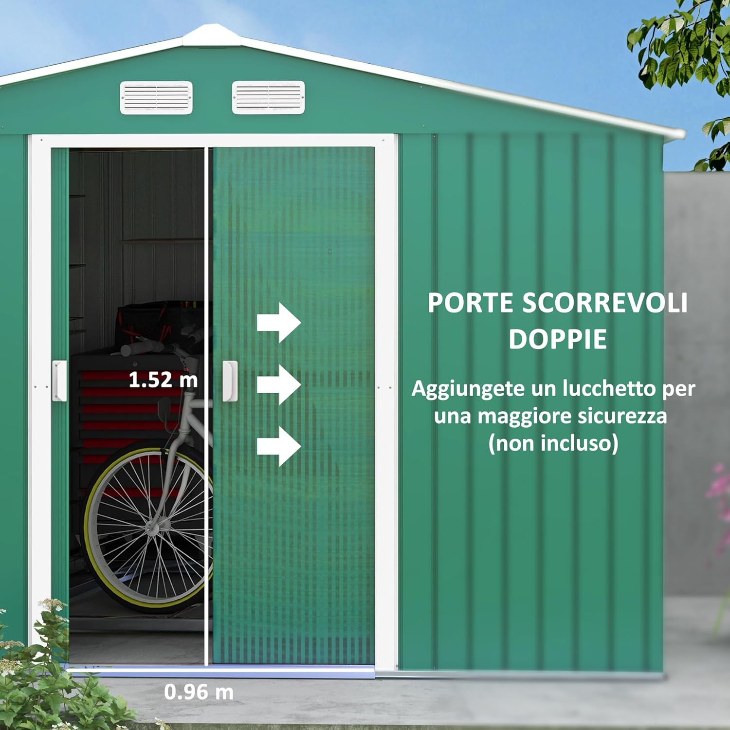 Outsunny 4.9 m² Garden Shed with Foundation, 4 Air Vents and 2 Sliding Doors, Tool Shed in Sheet Steel, 277 x 195 x 192 cm, Dark Green